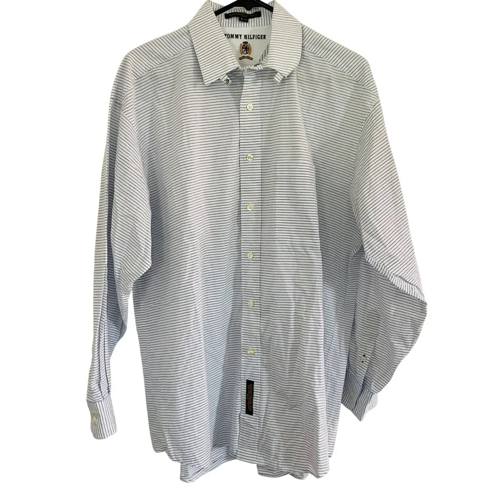 Vtg Tommy Hilfiger Button Up Dress Shirt Blue White Crest Pinstripe Mens 16-33